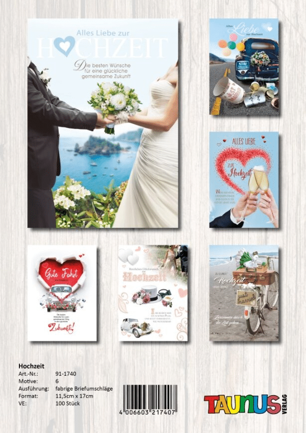 Hochzeitskarten - 100 St&uuml;ck - 6 Motive