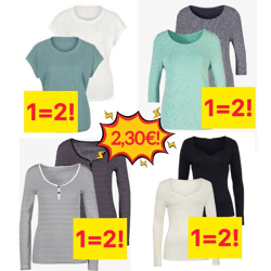 2,30 € Ladies T-shirts 2 pieces per pack new goods from German catalogs Sizes 38-56 3/4 sleeves Minimum order 20 packs Shipping so