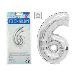 Foil balloon, number, 6, approx. 100cmH, silver