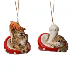 Pendant hedgehog on mushroom 10 cm 2 assorted