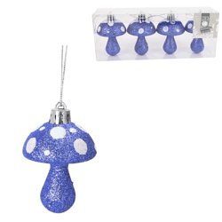 Christmas pendant mushroom glitter blue 7 cm set of 4
