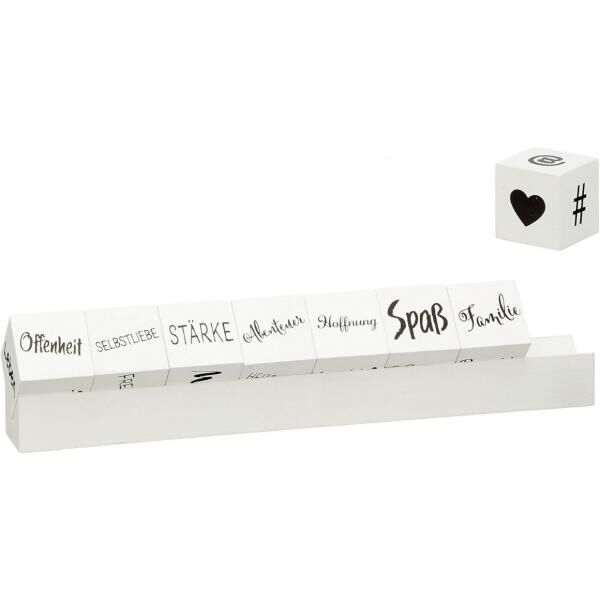 Würfel mit Text auf Halter 32 cm Satz von 9