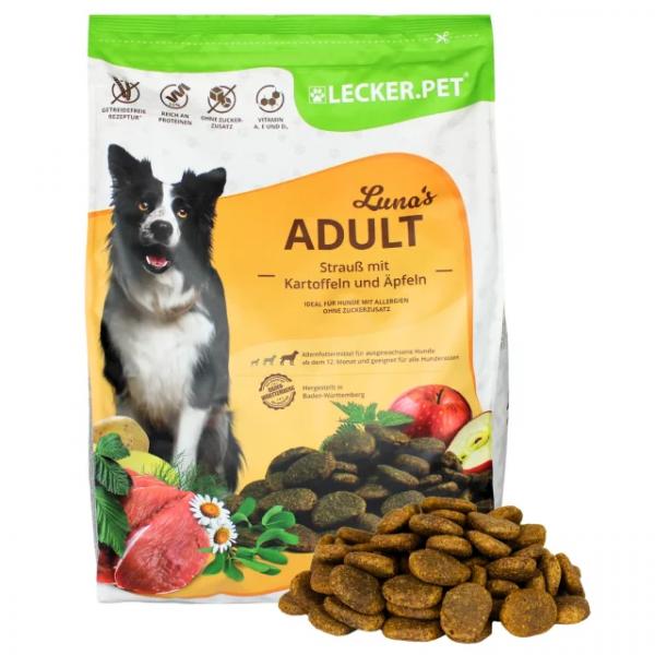 4 kg Lecker.Pet® Luna's Adult Strauß mit Kartoffel & Apfel Hundefutter Trockenfutter Vollnahrung MHD 3/2026