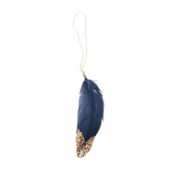 Pendant feather blue with gold glitter 14 cm