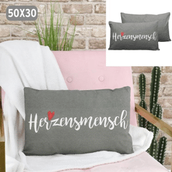 Kissen Herzensmensch, Leinenoptik, grau, 50x30cm