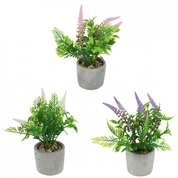 Künstliche Pflanze Lavendel im Zementtopf 22 cm 3 assorti