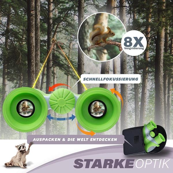 Fernglas für Kinder Kinderfernglas Lupe Kompass und Tasche 8-fachem Zoom grün