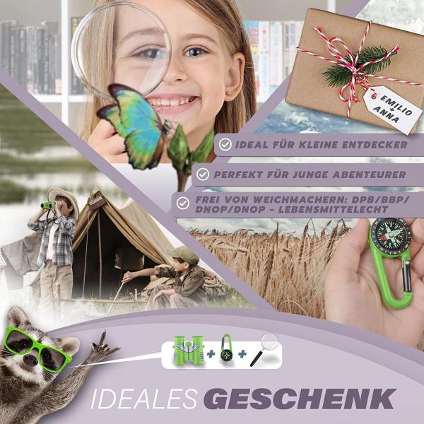 Fernglas für Kinder Kinderfernglas Lupe Kompass und Tasche 8-fachem Zoom grün