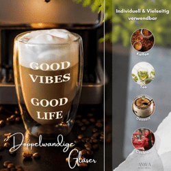 4x Doppelwandige Gläser mit Aufdruck Thermogläser 350ml heiß kalt Kaffee Tee