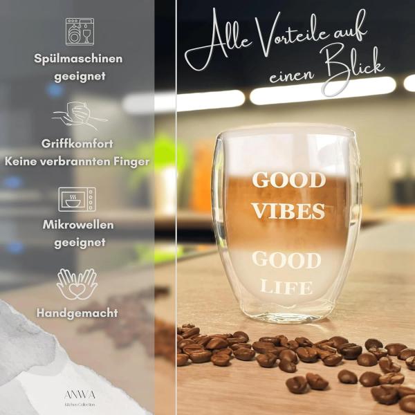 4x Doppelwandige Gläser mit Aufdruck Thermogläser 350ml heiß kalt Kaffee Tee