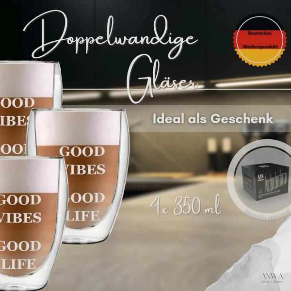 4x Doppelwandige Gläser mit Aufdruck Thermogläser 350ml heiß kalt Kaffee Tee