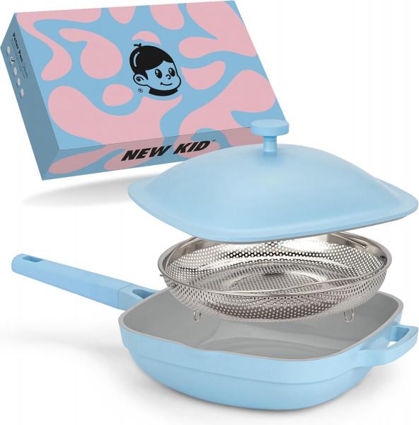 Bratpfanne 28cm beschichtete Pfanne Antihaft mit Deckel und Edelstahlsieb blau