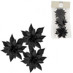 Artificial flower on clip poinsettia glitter black 9 cm set of 3