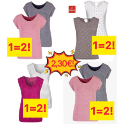 2,30 € Damen T-Shirts Set 2 Stück in einer Packung 3/4 Ärmel Größen 38–56 neu aus deutschen Katalogen Mindestbestellung 20 Packungen Lager D