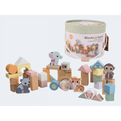 50 wooden building blocks Wildies Family in barrel