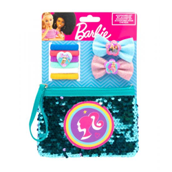 Barbie - Set mit 6 Zöpfchenhaltern, 2 Haarspangen mit Glitzermasche und magischem Pailletten-Beautytäschchen
