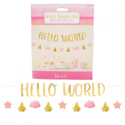 Letterslinger baby girl Hello World roze/goudkleurig 170 cm