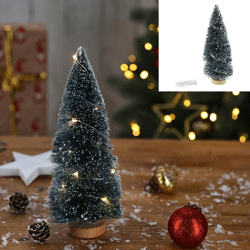 Christmas tree with wooden base, snow and LEDs, green, approx. 20 cm high