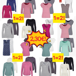 2,30 € Ladies T-Shirts Set 2 pieces per pack 3/4 sleeves Sizes 38-56 new from German catalogs Minimum quantity 20 packs Shipping immediately