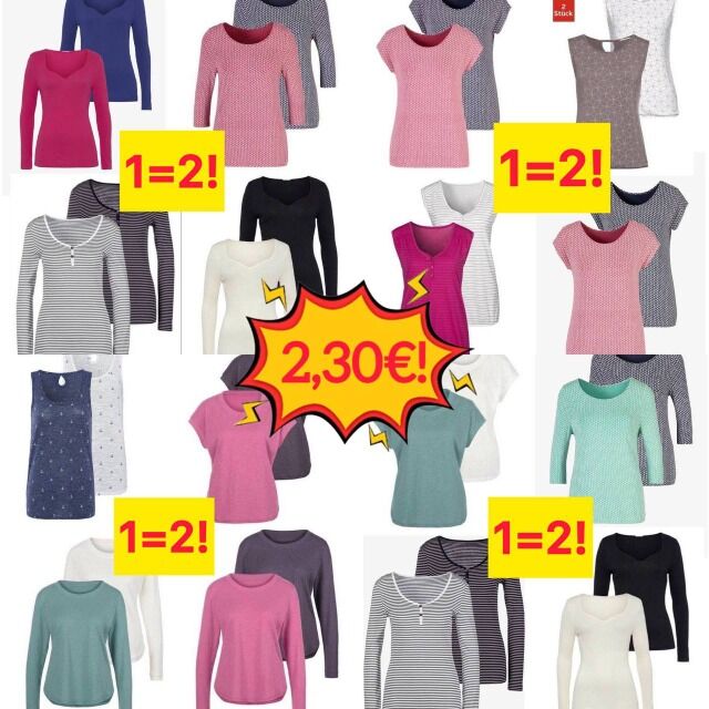 2,30 € Damen T-Shirts Set 2 Stück pro Packung 3/4 Ärmel Größen 38–56 neu aus deutschen Katalogen Mindestmenge 20 Packungen Versand sofort