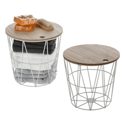 Metal basket with wooden lid, white, approx. 21cmH