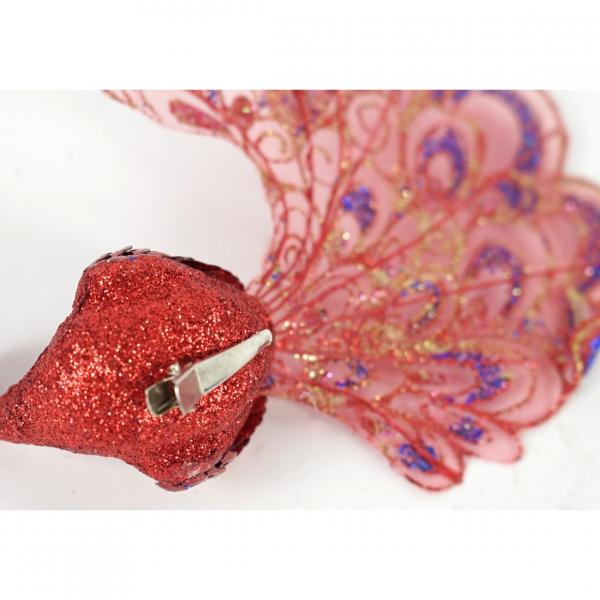 Pfau auf Clip glitzernd rot 18 cm