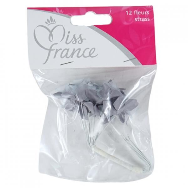 Miss France Satinblumen mit Strasssteinen grau 13 cm 12 Stück