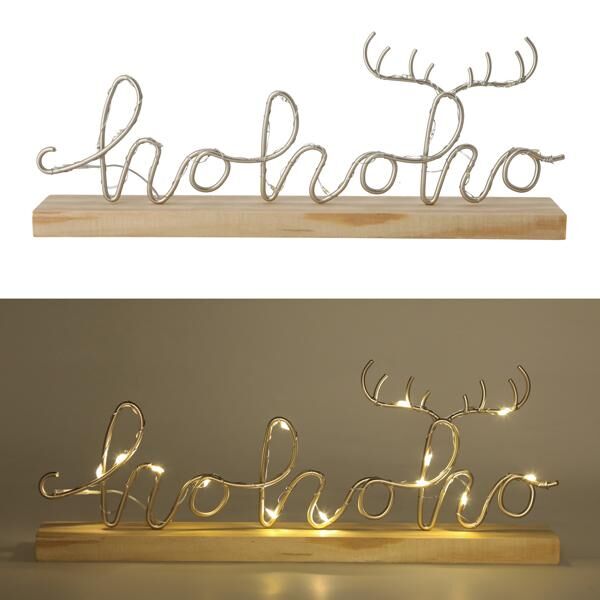 LED Metal Schriftzug HoHoHo auf Holzsockel, M, ca.30cmL