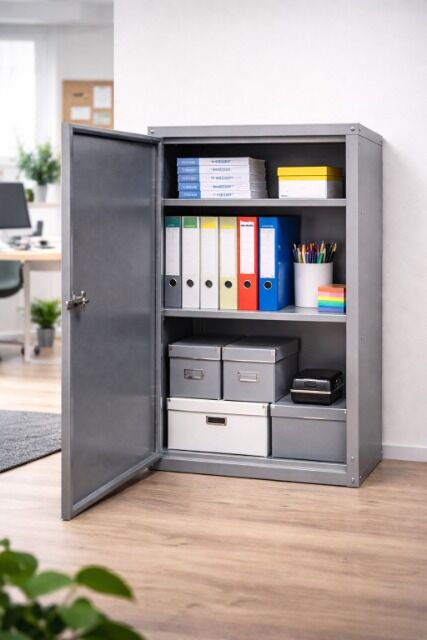 Robuster Stahlschrank mit 2 Böden, Made in Germany. Perfekt für Werkstatt, Lager oder Büro. Stabil, langlebig und platzsparend.