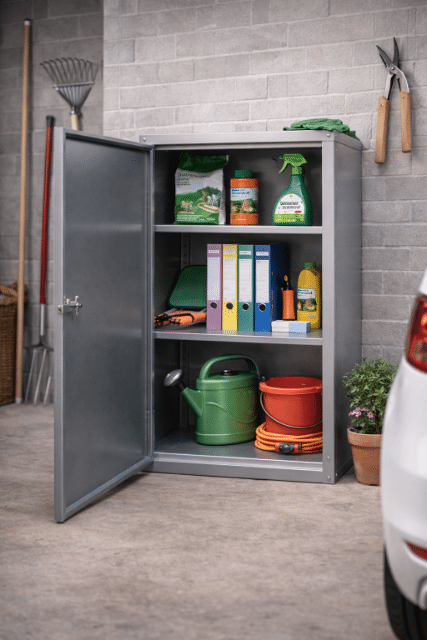 Robuster Stahlschrank mit 2 Böden, Made in Germany. Perfekt für Werkstatt, Lager oder Büro. Stabil, langlebig und platzsparend.