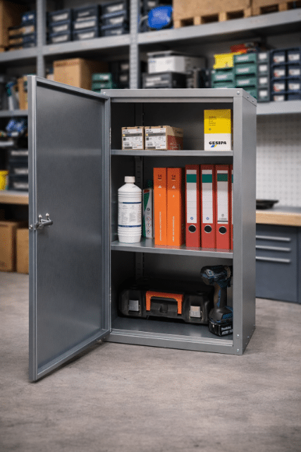Robuster Stahlschrank mit 2 Böden, Made in Germany. Perfekt für Werkstatt, Lager oder Büro. Stabil, langlebig und platzsparend.