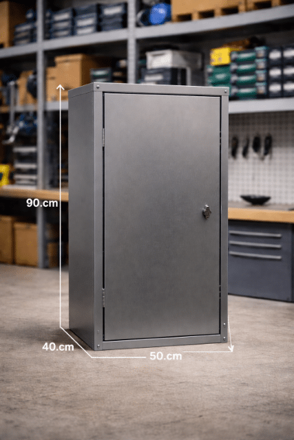 Robuster Stahlschrank mit 2 Böden, Made in Germany. Perfekt für Werkstatt, Lager oder Büro. Stabil, langlebig und platzsparend.