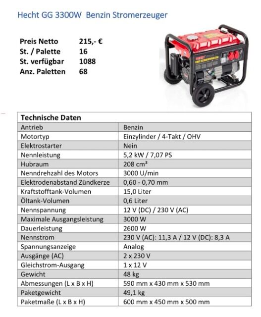 Stromgenerator Benzin HECHT GG 3300W