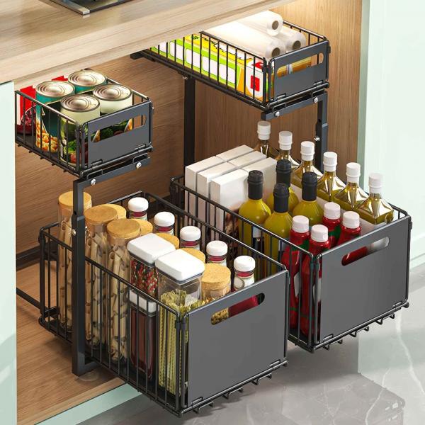 SinkSlide 2-Tier Schiebe unter Waschbecken Schrank Organisator | Küche Lagerung Regal Bad Schublade Organisator