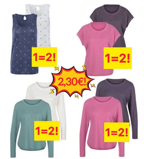 2,30 € Damen T-Shirts 2 Stück pro Packung aus deutschen Katalogen neu Größen 38-56 Mindestbestellung 20 Packungen Lagerware schneller Versan