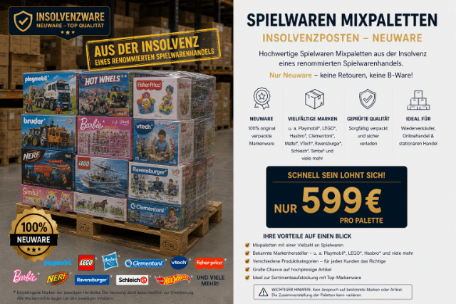Spielwaren Mixpaletten Insolvenz Restposten Neuware | Palettenware Spielzeug Großhandel | Marken Mix