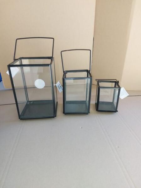 3er Set Gartenlaterne, Windlicht schwarz Metall/Glas Deko, A-Ware
