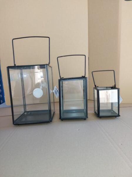 3er Set Gartenlaterne, Windlicht schwarz Metall/Glas Deko, A-Ware