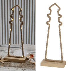 LED Jute Leuchtturm auf Holzsockel, S, ca.27cmH