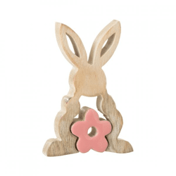 J-Line Statue Kaninchen Blume Holz rosa 14 cm