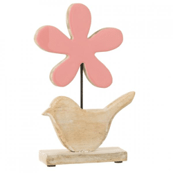 J-Line Statue Vogel Blume Holz rosa 25,5 cm