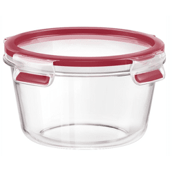Runde Glas Frischhaltedose 0,9 Liter mit rotem Deckel, ideal zur sicheren Aufbewahrung von Lebensmitteln im Alltag
