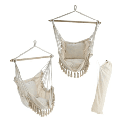 Hanging chair with 2 cushions on wooden pole, beige, 98x138cm