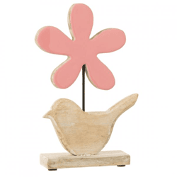 J-Line Statue Vogel Blume Holz rosa 25,5 cm