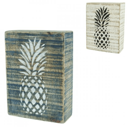Dekorativer Holzblock Ananas blau/weiß 15 cm 2 Stück sortiert