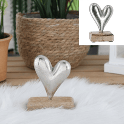 Aluminum heart on wooden base, small, approx. 10cm