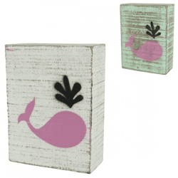 Decorative block of wood whale white/green 15 cm 2 assorti