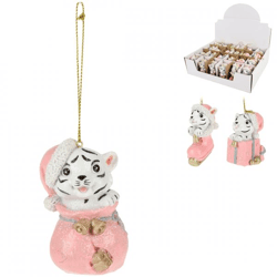 Hanger kerst tijger roze 7 cm 3 assorti