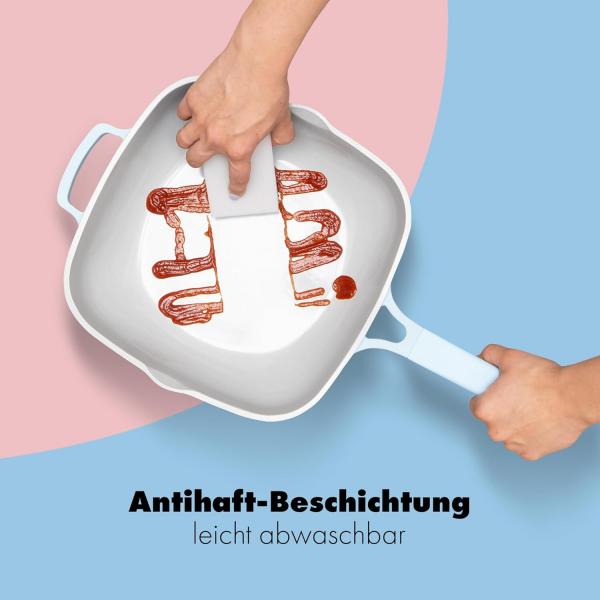 Bratpfanne 28cm beschichtete Pfanne Antihaft mit Deckel und Edelstahlsieb blau