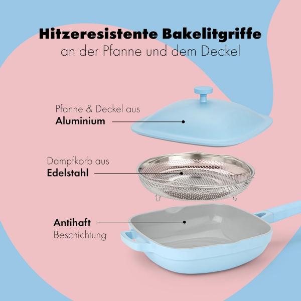 Bratpfanne 28cm beschichtete Pfanne Antihaft mit Deckel und Edelstahlsieb blau